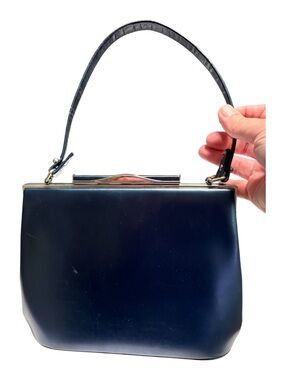 Vintage Nicholas Reich Navy Blue Top Handle Frame Handbag Retro Mad Men